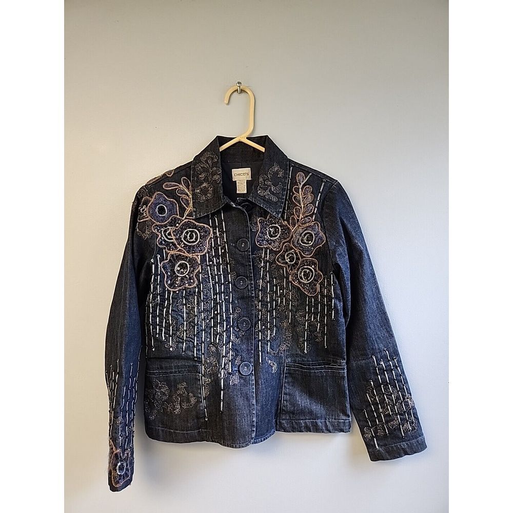 Gorgeous! CHICOs Womens 0 S Blue Denim Embroidered Beaded‎ Sequin Jacket